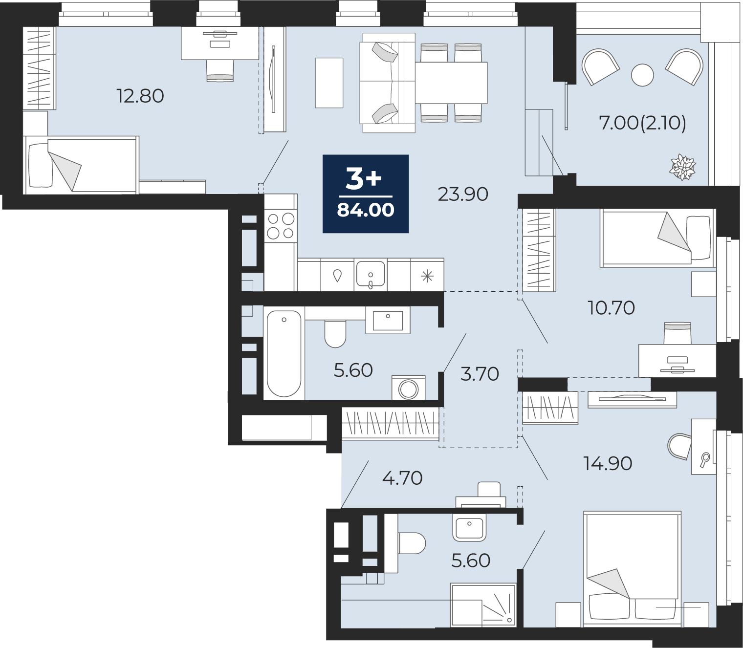 Квартира № 108, 3-комнатная, 84 кв. м, 13 этаж