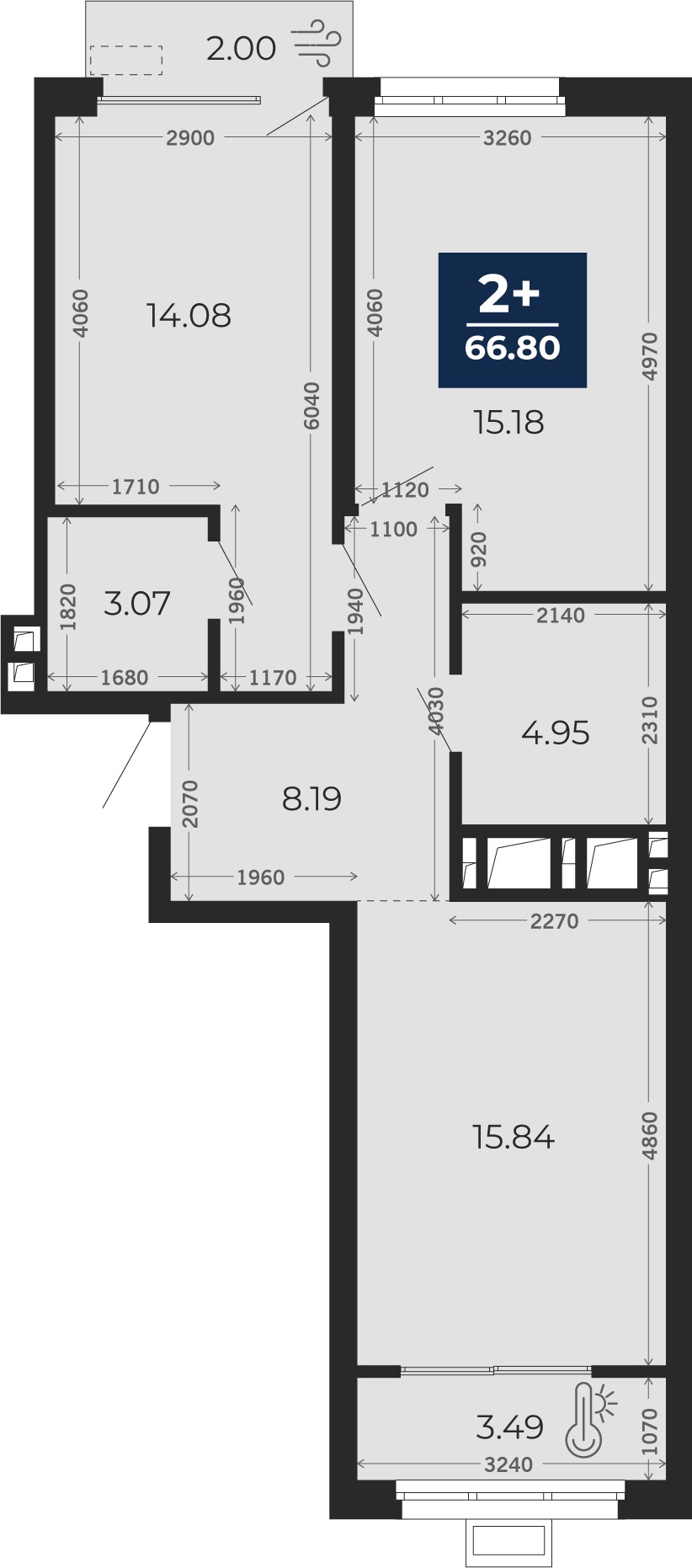 Квартира № 138, 2-комнатная, 66.8 кв. м, 18 этаж