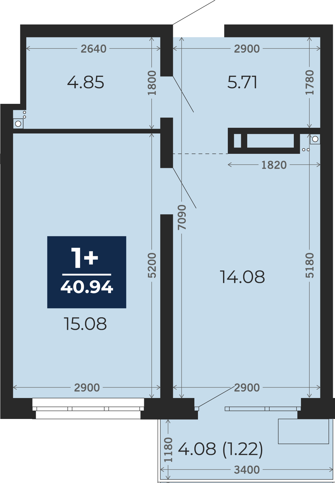 Квартира № 186, 1-комнатная, 40.94 кв. м, 13 этаж
