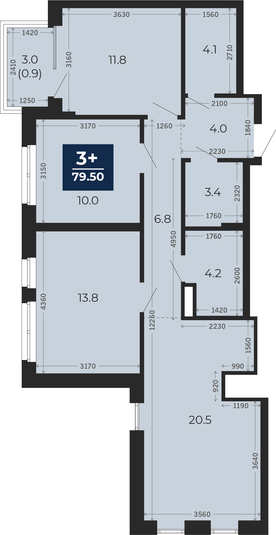 Квартира № 198, 3-комнатная, 79.5 кв. м, 11 этаж