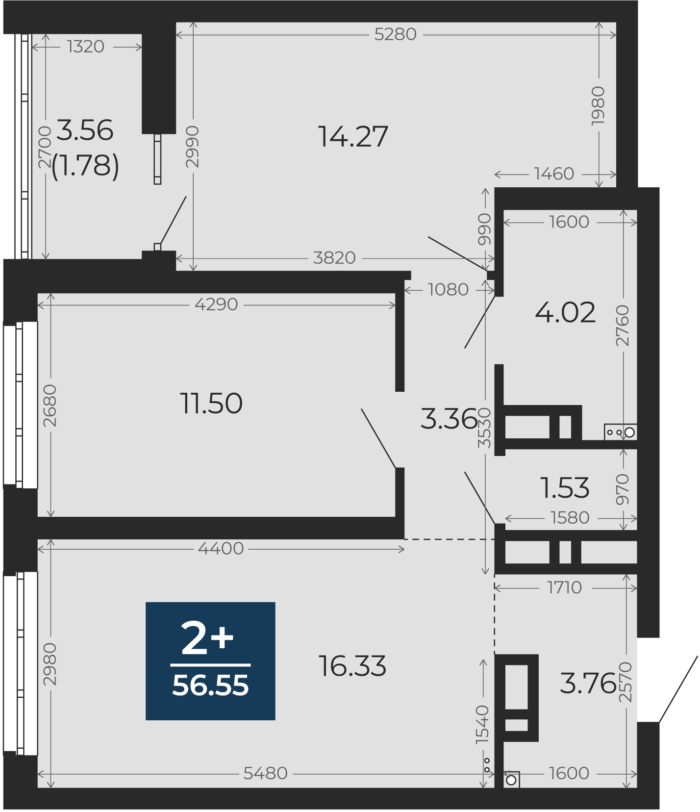 Квартира № 163, 2-комнатная, 56.55 кв. м, 9 этаж
