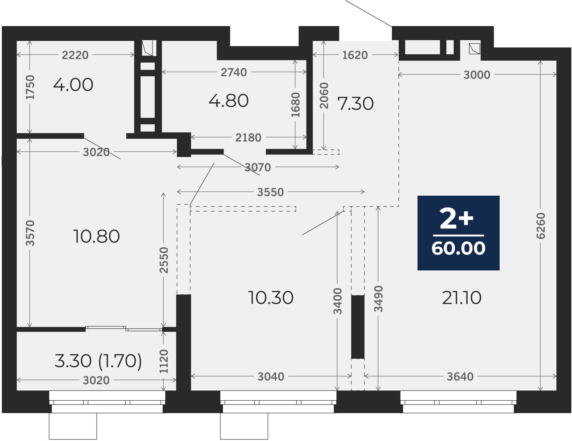 Квартира № 92, 2-комнатная, 60 кв. м, 15 этаж