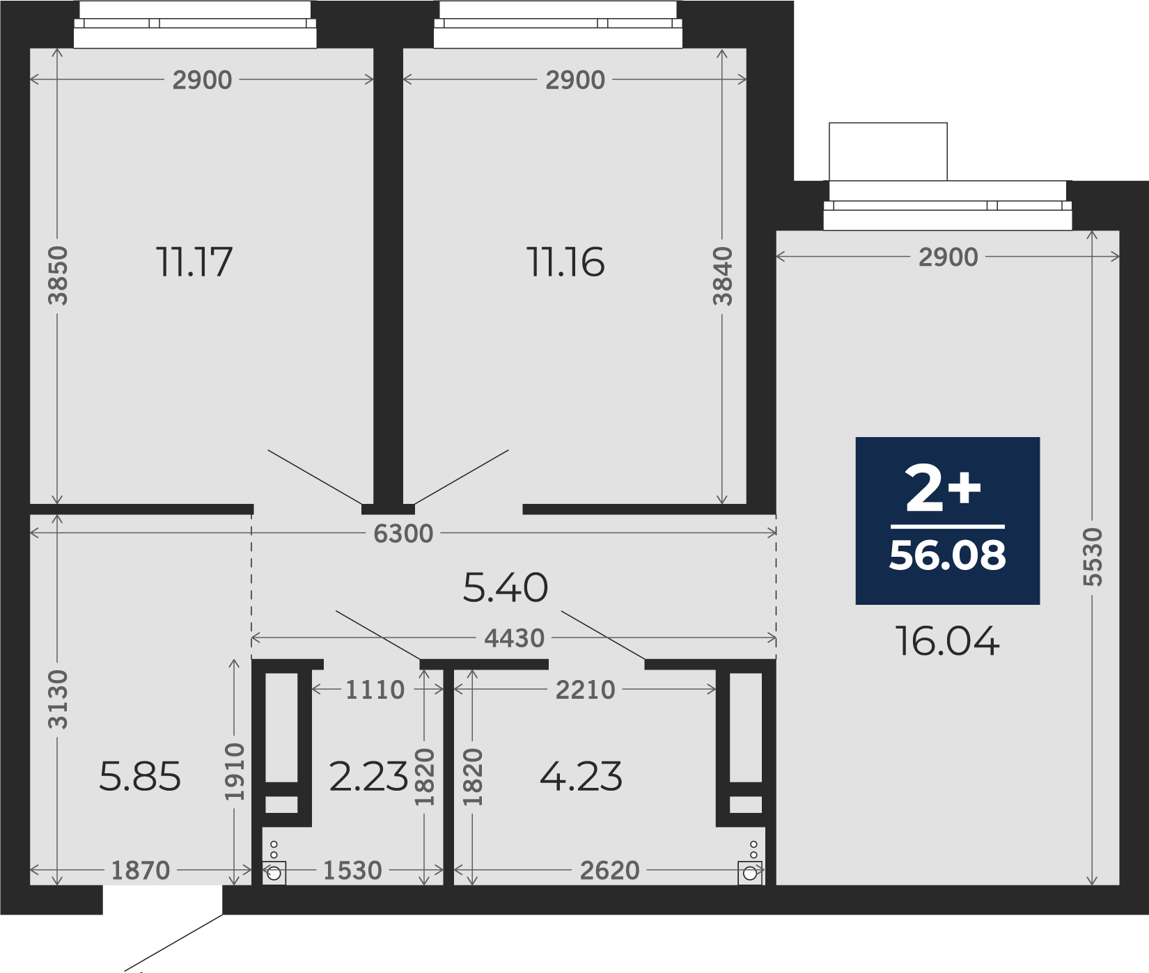 Квартира № 234, 2-комнатная, 56.08 кв. м, 13 этаж