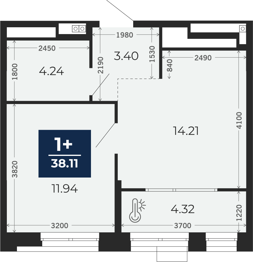 Квартира № 220, 1-комнатная, 38.11 кв. м, 2 этаж