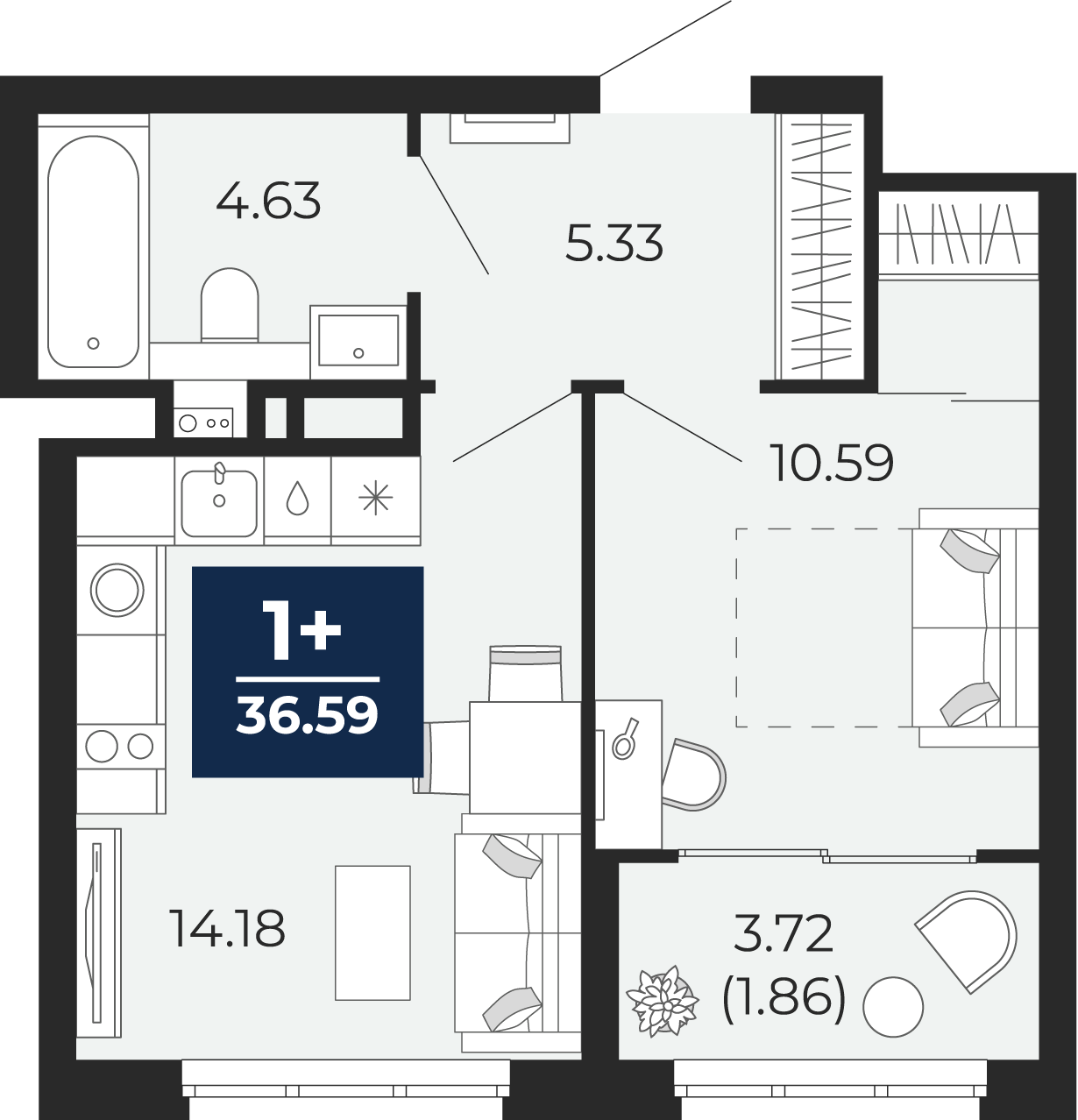 Квартира № 73, 1-комнатная, 36.59 кв. м, 7 этаж