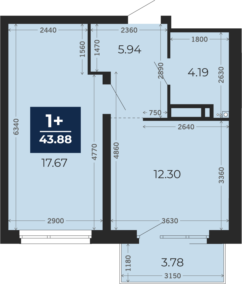 Квартира № 128, 1-комнатная, 43.88 кв. м, 3 этаж