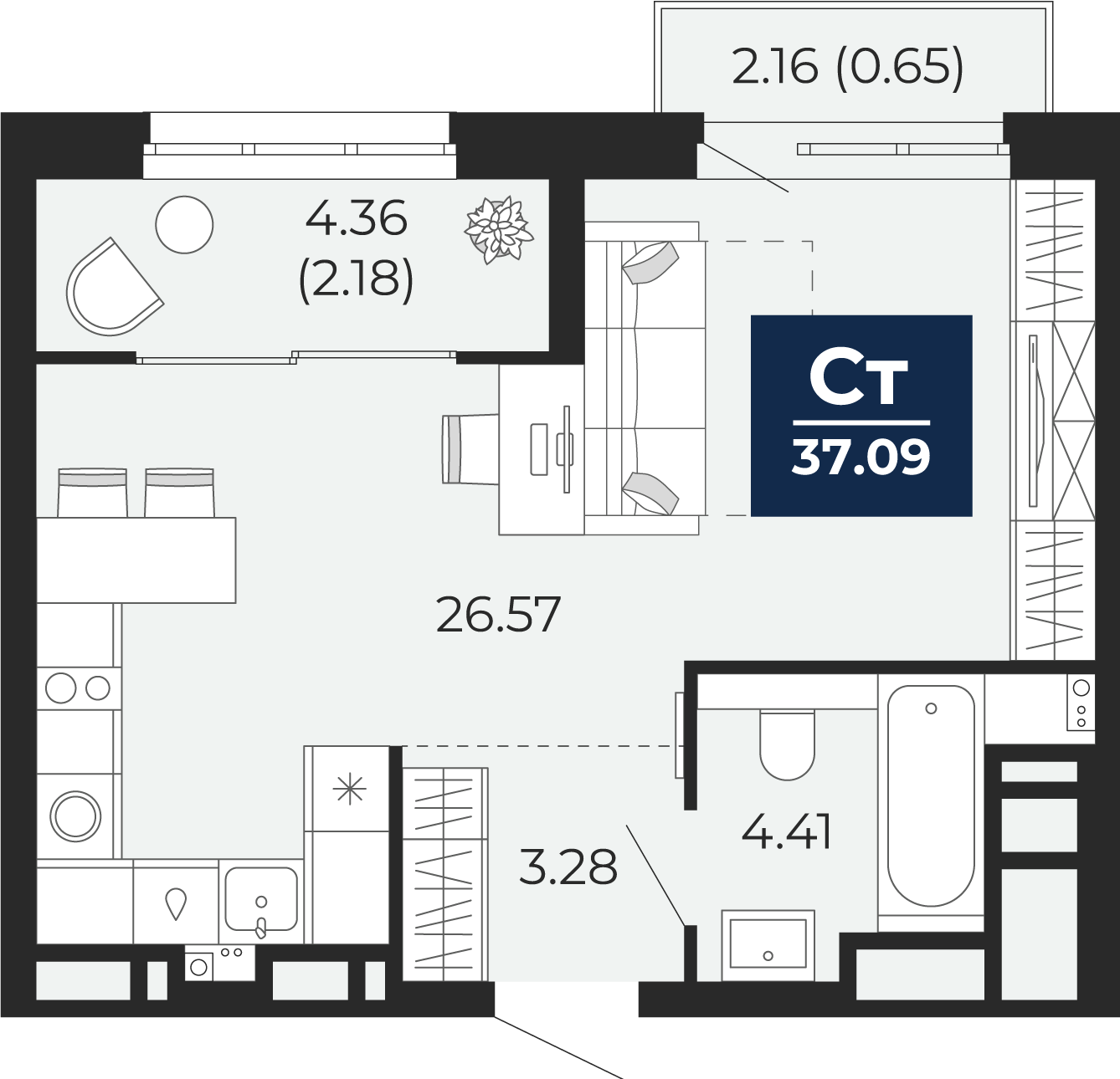 Квартира № 157, Студия, 37.09 кв. м, 2 этаж