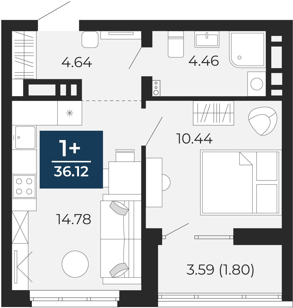 Квартира № 259, 1-комнатная, 36.12 кв. м, 16 этаж