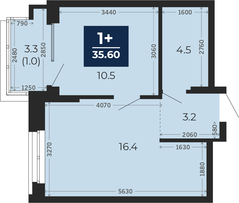 Квартира № 440, 1-комнатная, 35.6 кв. м, 11 этаж