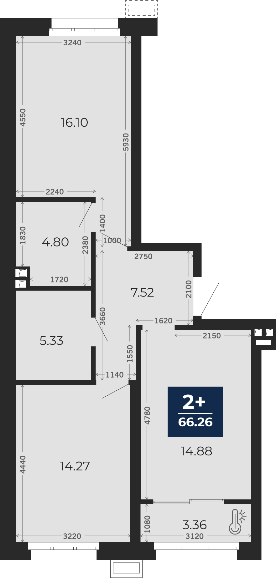 Квартира № 878, 2-комнатная, 66.26 кв. м, 1 этаж