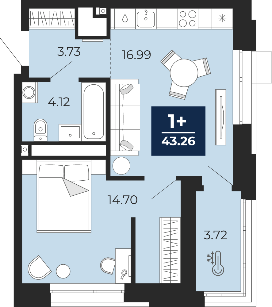 Квартира № 3, 1-комнатная, 43.26 кв. м, 2 этаж