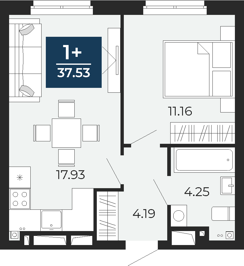 Квартира № 201, 1-комнатная, 37.53 кв. м, 16 этаж