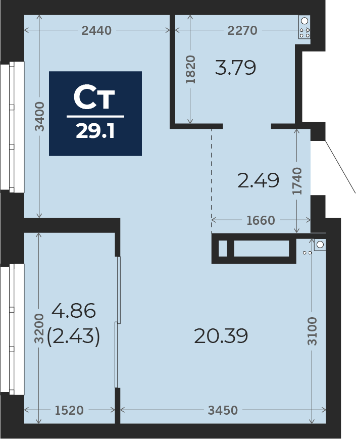 Квартира № 137, Студия, 29.1 кв. м, 11 этаж