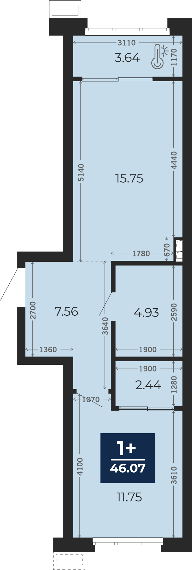 Квартира № 181, 1-комнатная, 46.07 кв. м, 1 этаж