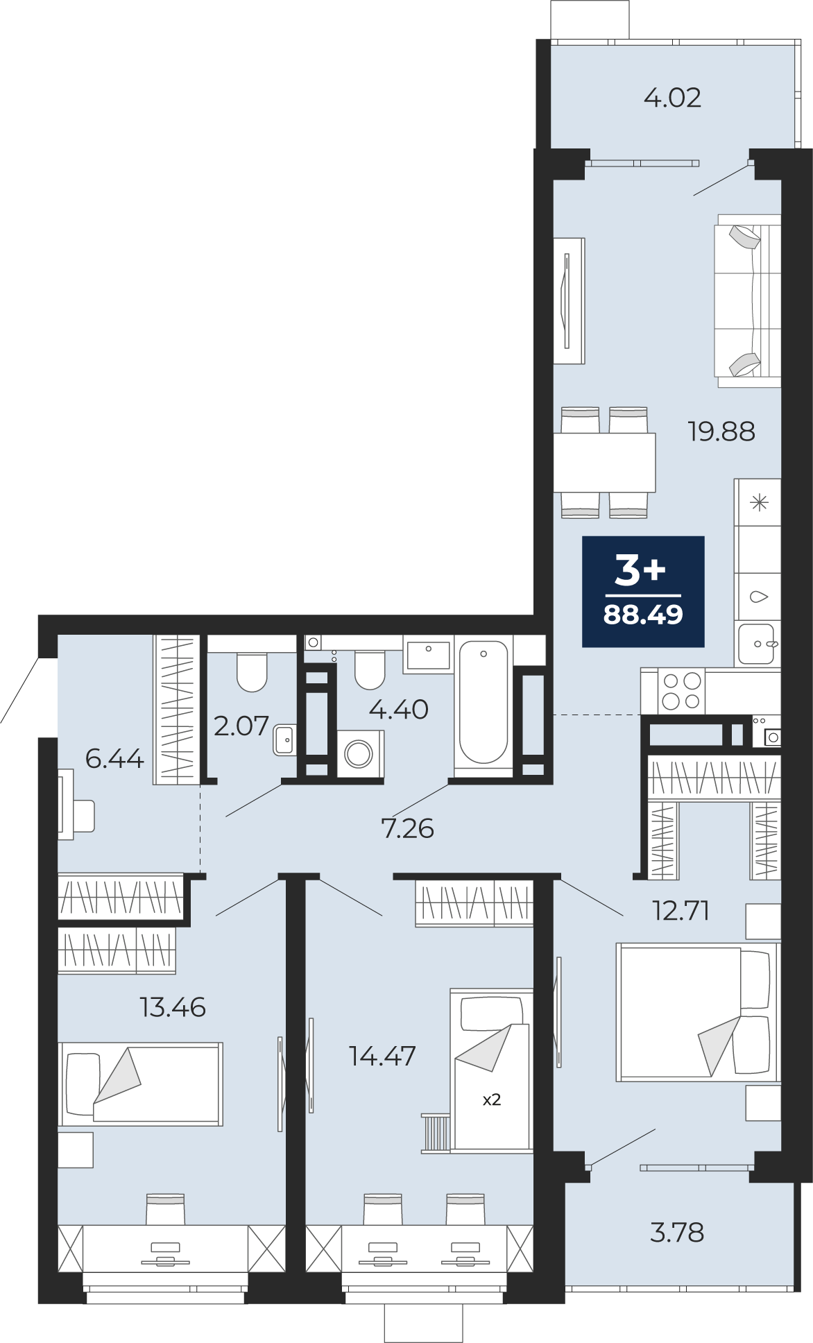 Квартира № 275, 3-комнатная, 88.49 кв. м, 17 этаж