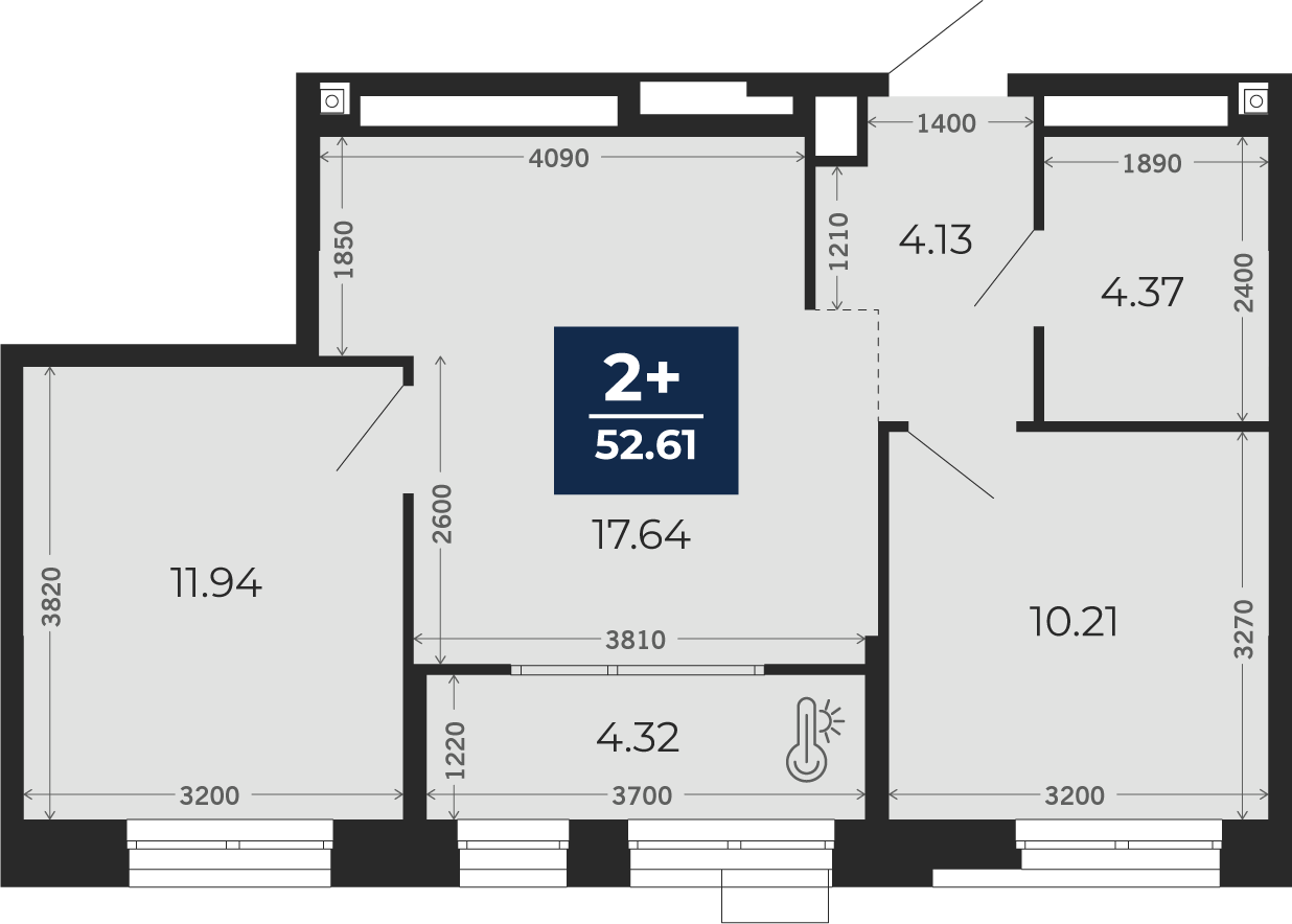 Квартира № 221, 2-комнатная, 52.61 кв. м, 2 этаж