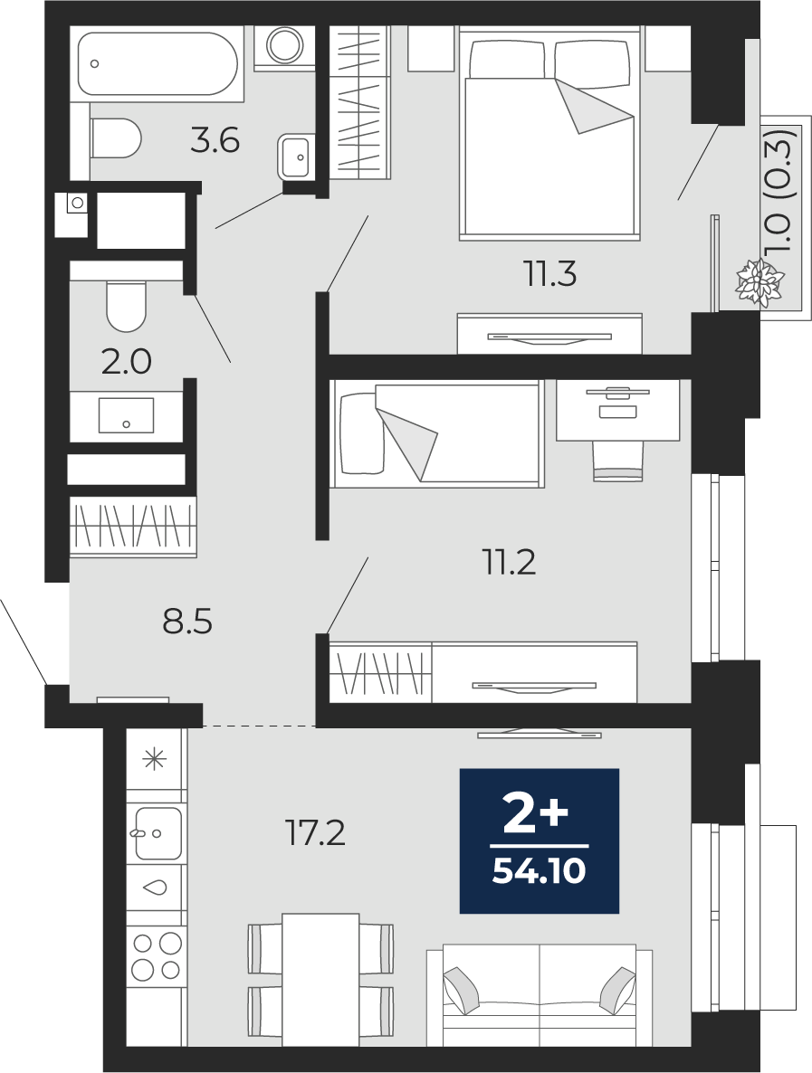 Квартира № 2, 2-комнатная, 54.1 кв. м, 2 этаж