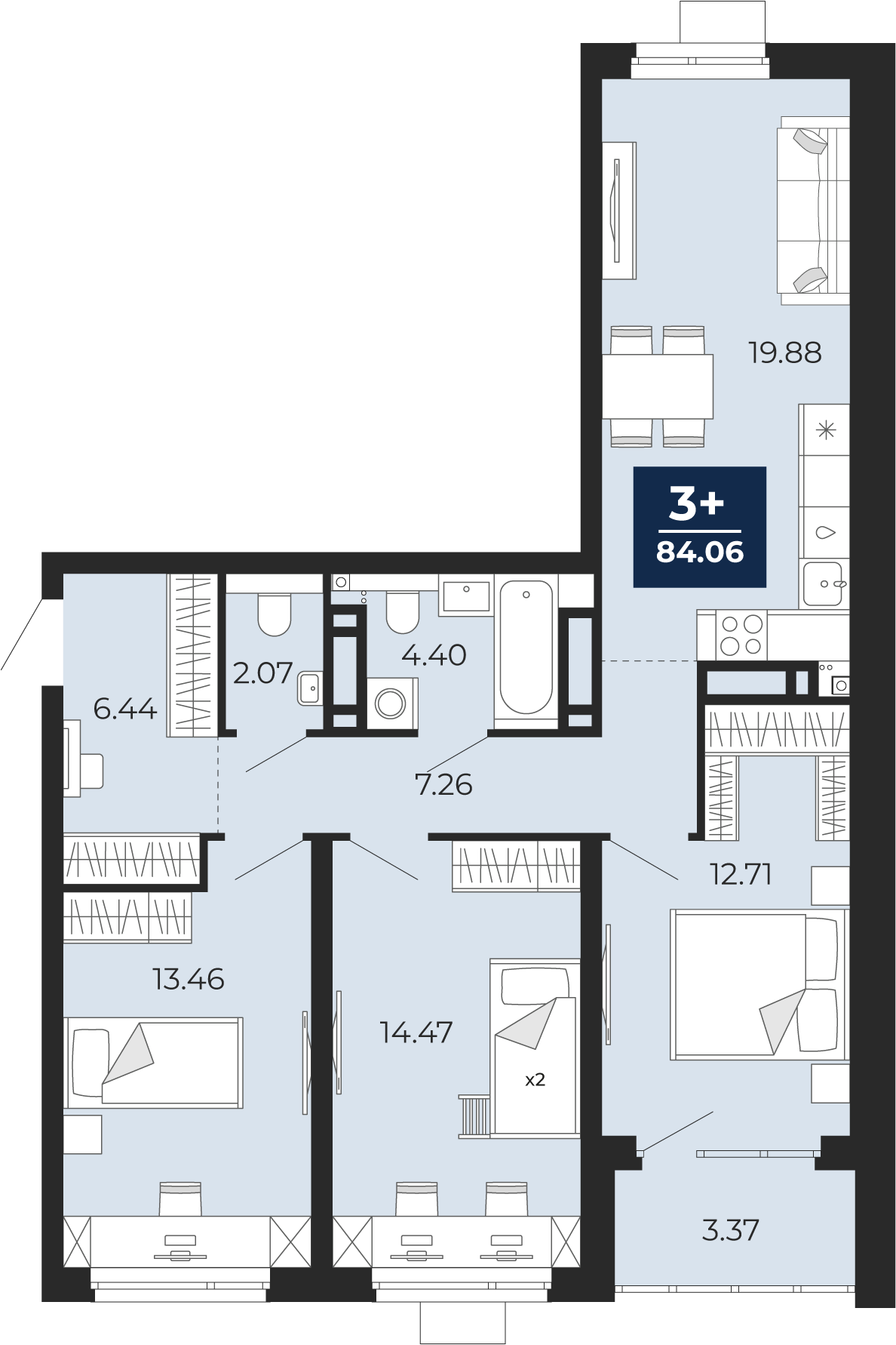Квартира № 225, 3-комнатная, 84.06 кв. м, 12 этаж