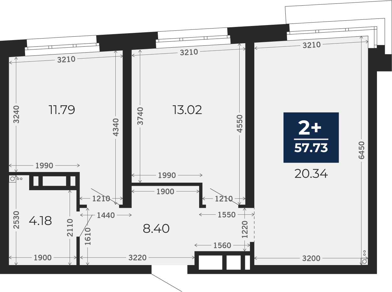 Квартира № 96, 2-комнатная, 57.73 кв. м, 13 этаж