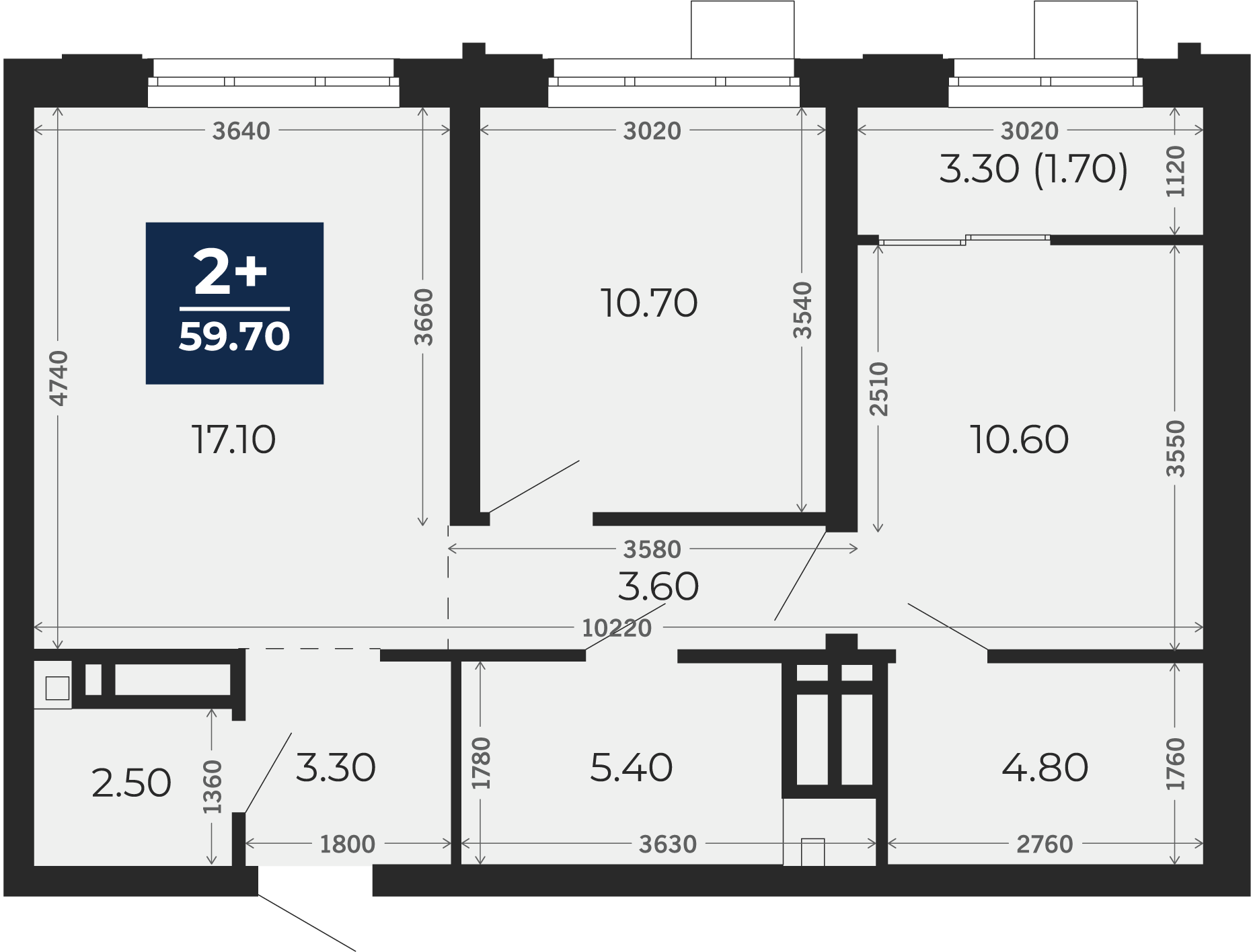 Квартира № 220, 2-комнатная, 59.7 кв. м, 19 этаж