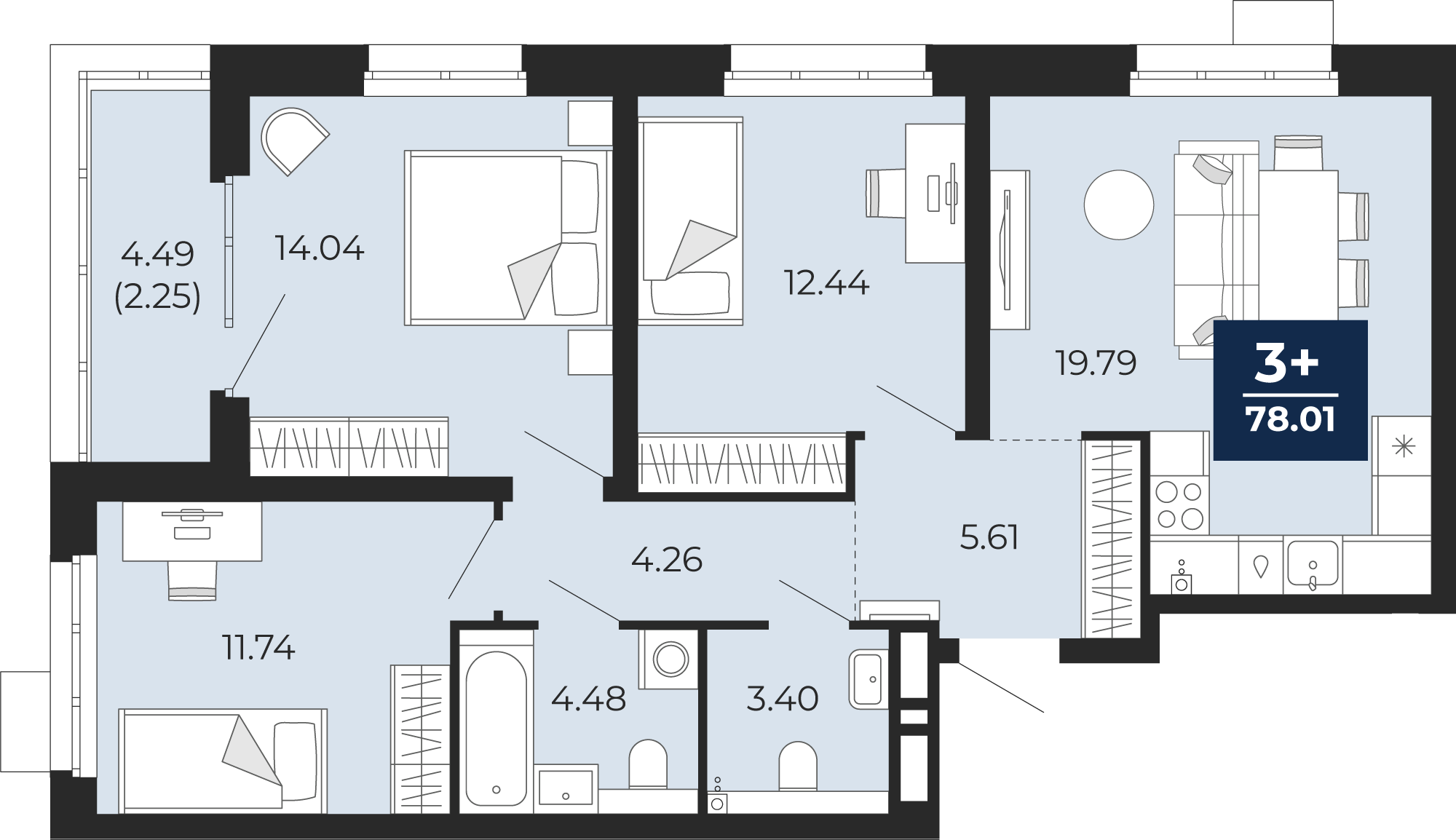 Квартира № 6, 3-комнатная, 78.01 кв. м, 2 этаж