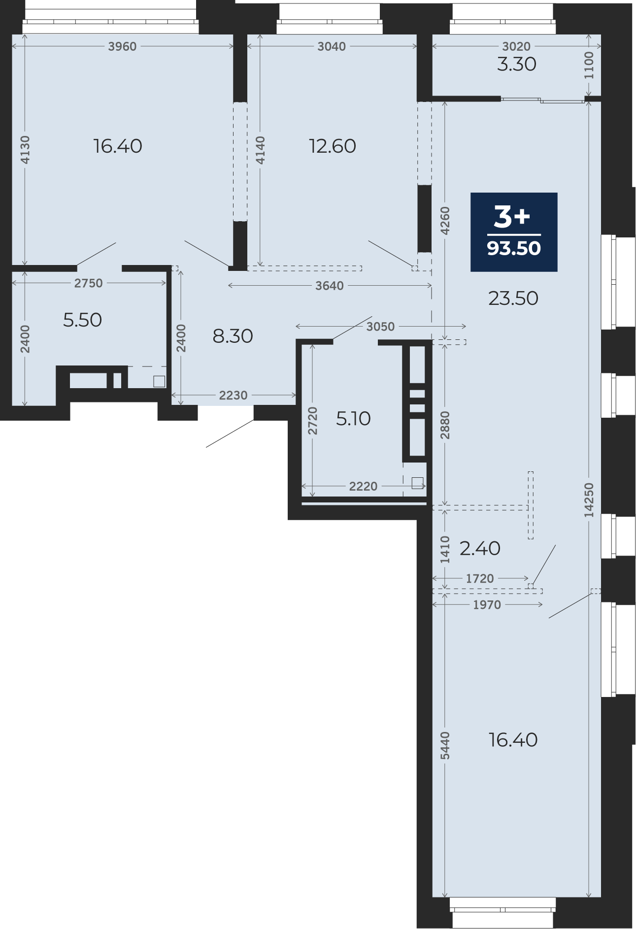 Квартира № 362, 3-комнатная, 93.5 кв. м, 3 этаж