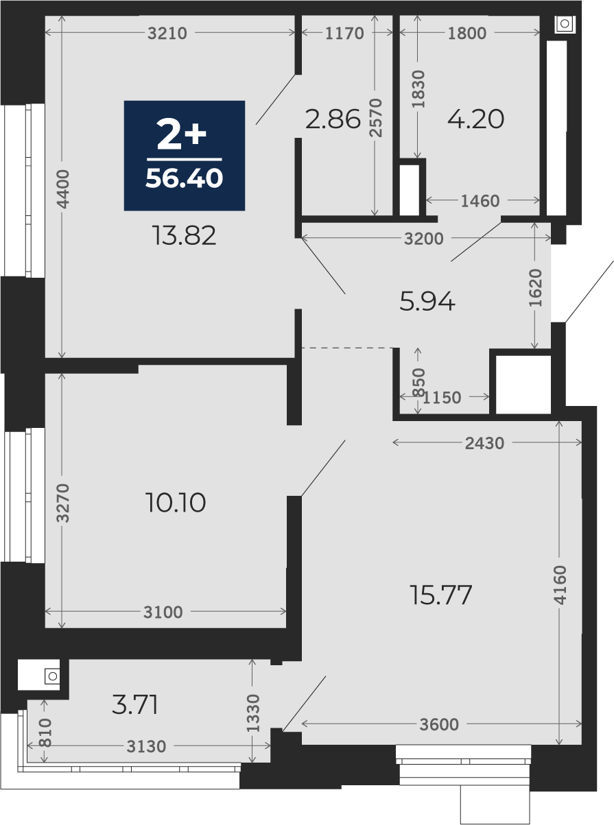 Квартира № 76, 2-комнатная, 56.4 кв. м, 2 этаж