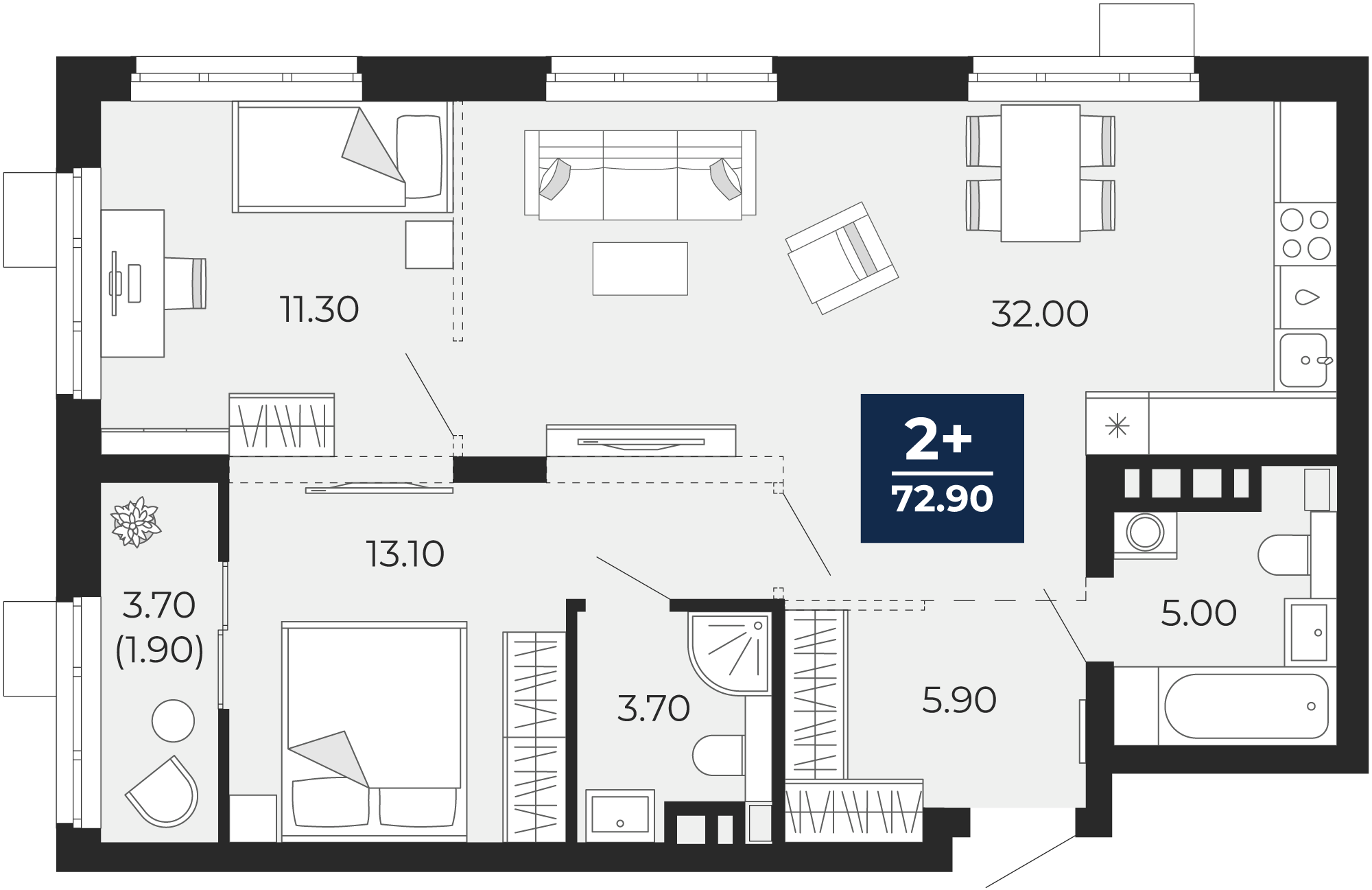 Квартира № 450, 2-комнатная, 72.9 кв. м, 4 этаж