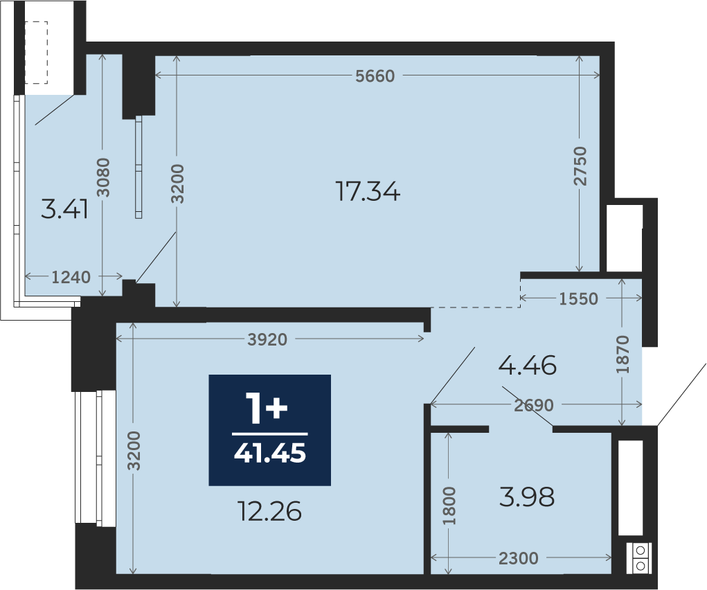 Квартира № 137, 1-комнатная, 41.45 кв. м, 8 этаж