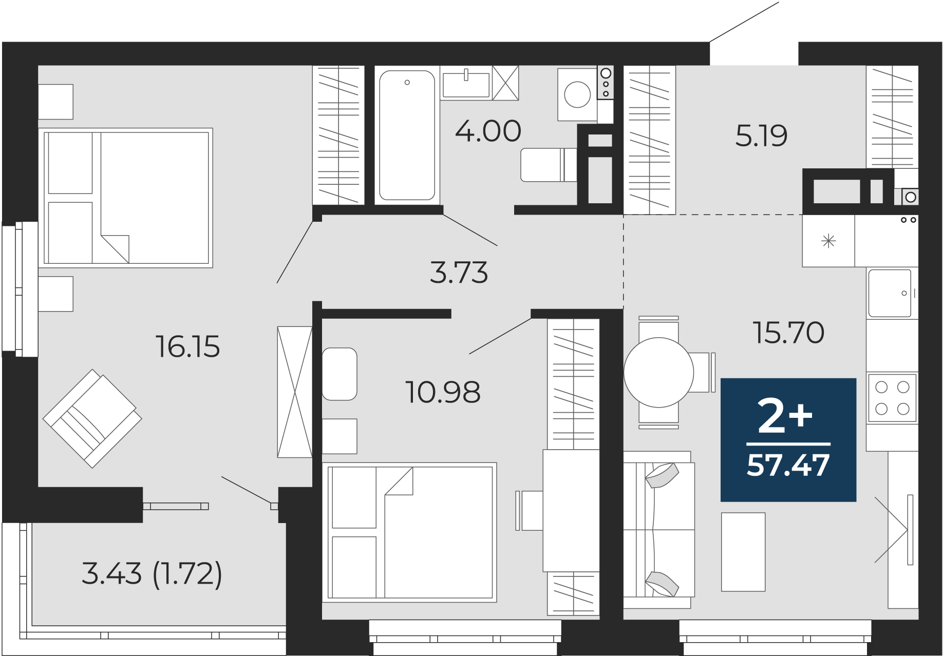 Квартира № 9, 2-комнатная, 57.47 кв. м, 2 этаж