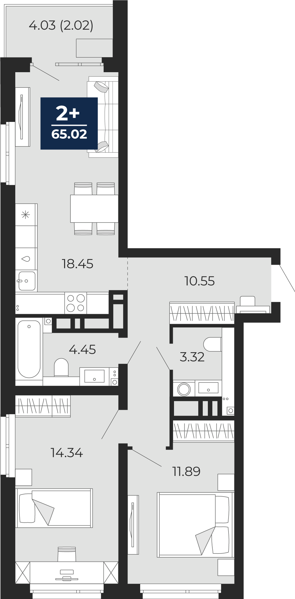 Квартира № 162, 2-комнатная, 65.02 кв. м, 21 этаж