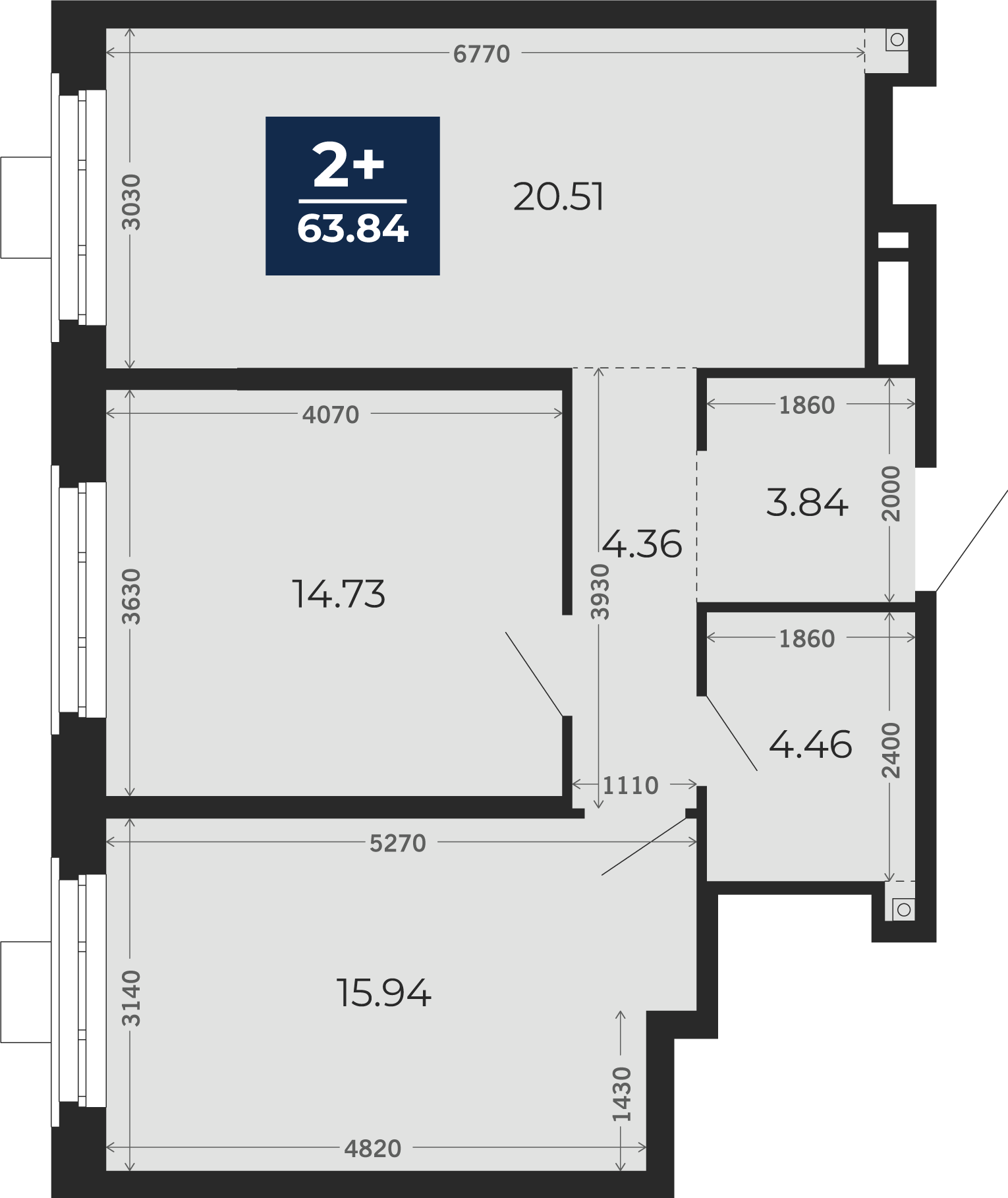 Квартира № 278, 2-комнатная, 63.84 кв. м, 23 этаж