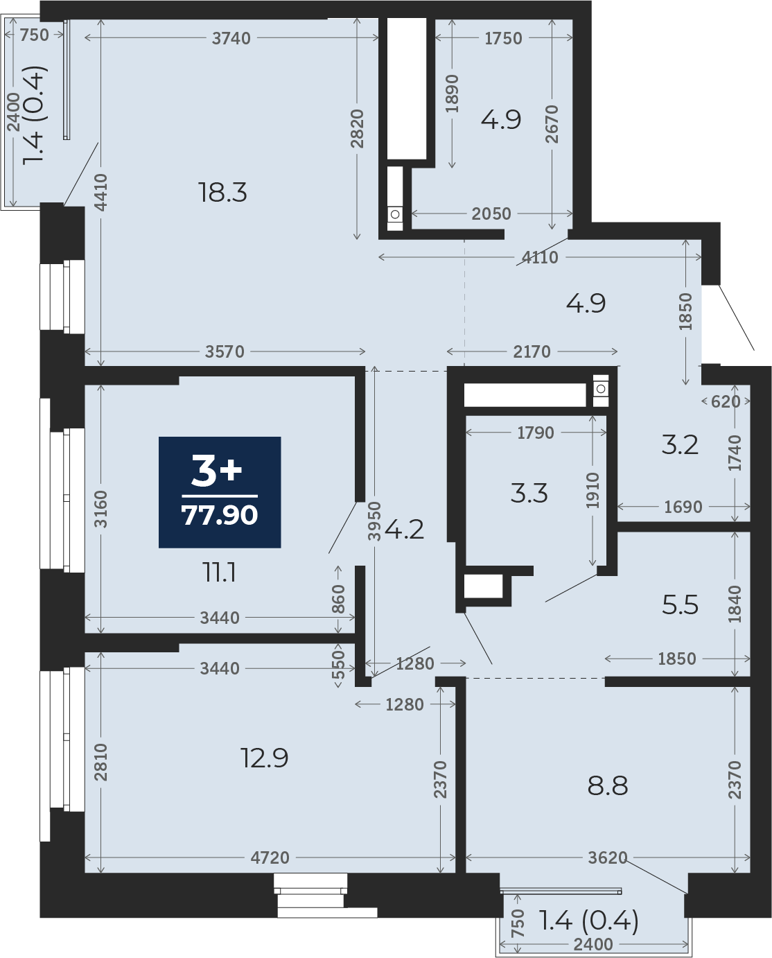 Квартира № 2, 3-комнатная, 77.9 кв. м, 2 этаж