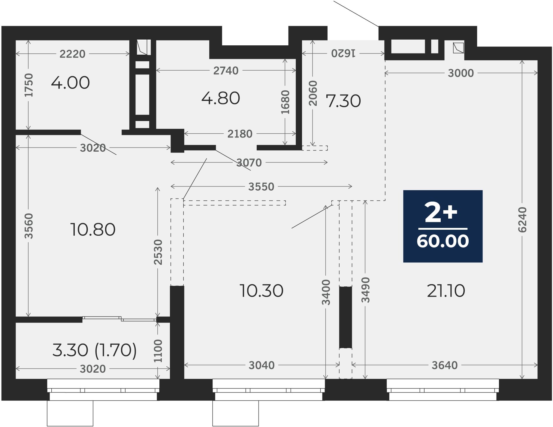 Квартира № 80, 2-комнатная, 60 кв. м, 13 этаж