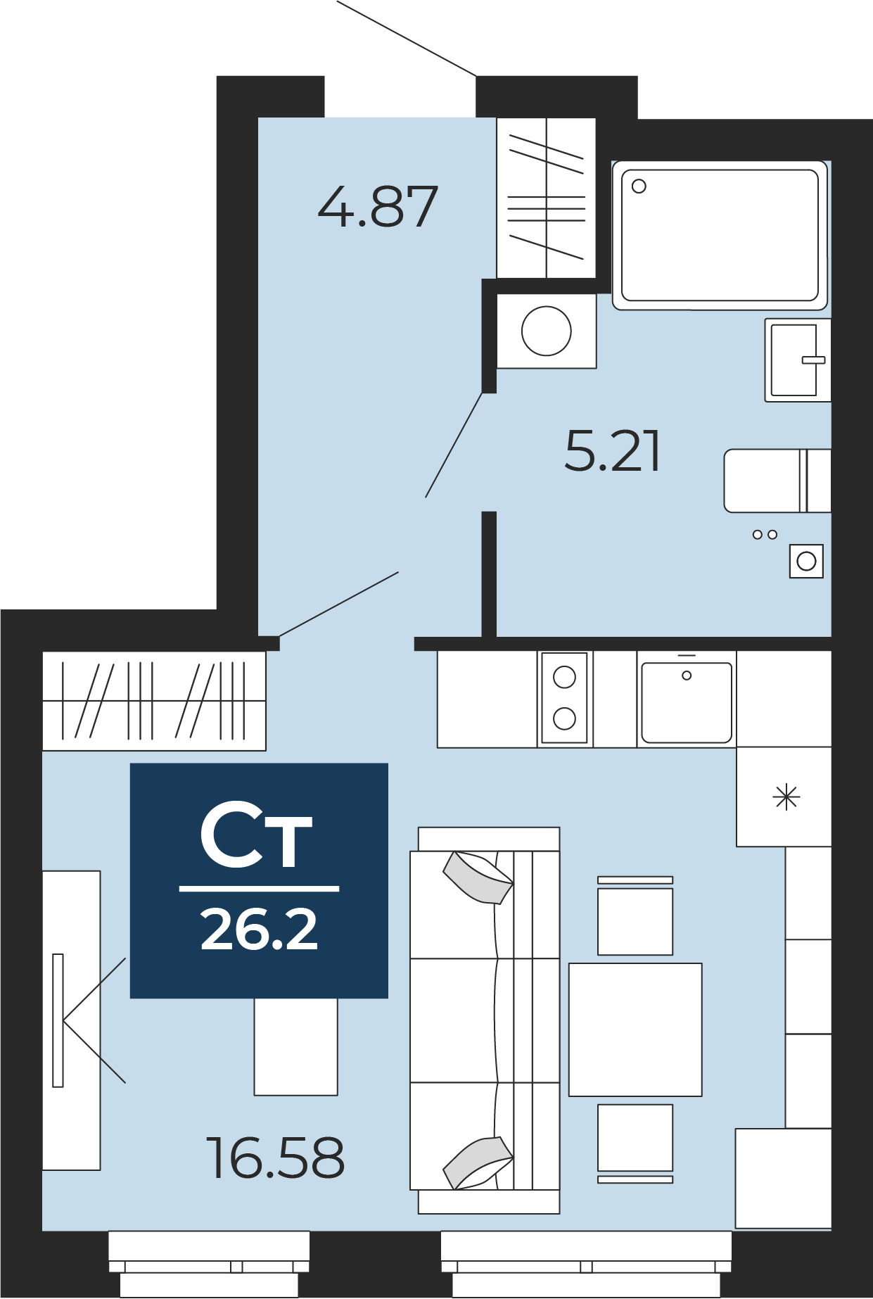 Квартира № 9, Студия, 26.66 кв. м, 2 этаж