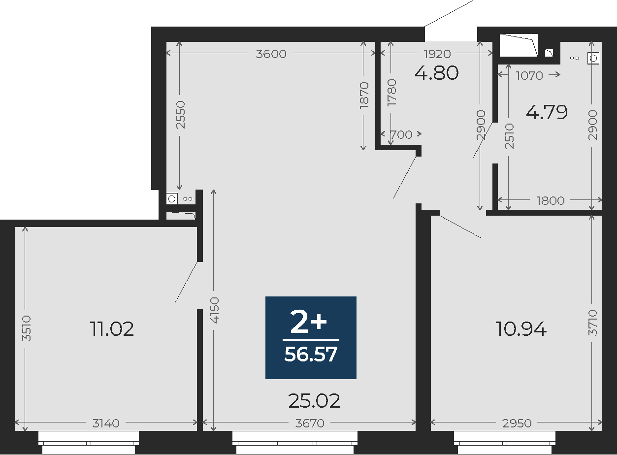 Квартира № 293, 2-комнатная, 56.57 кв. м, 22 этаж