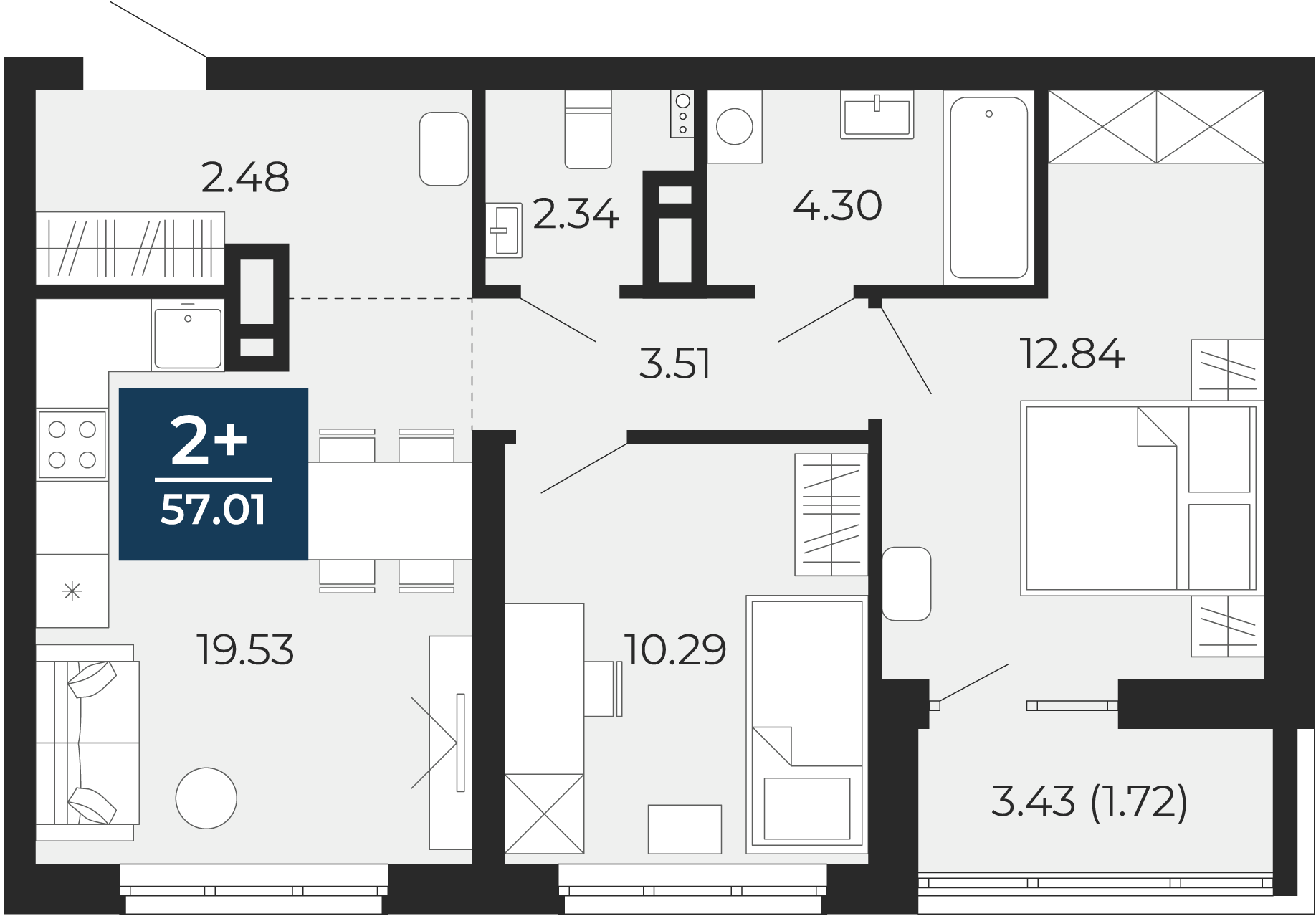 Квартира № 356, 2-комнатная, 57.01 кв. м, 3 этаж