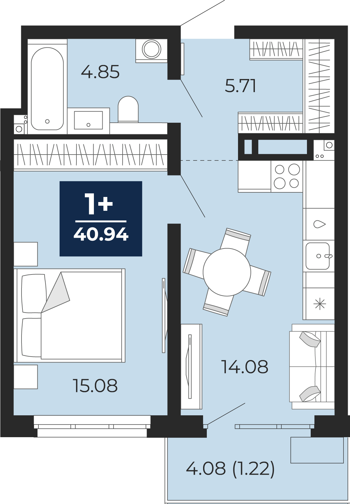 Квартира № 186, 1-комнатная, 40.94 кв. м, 13 этаж