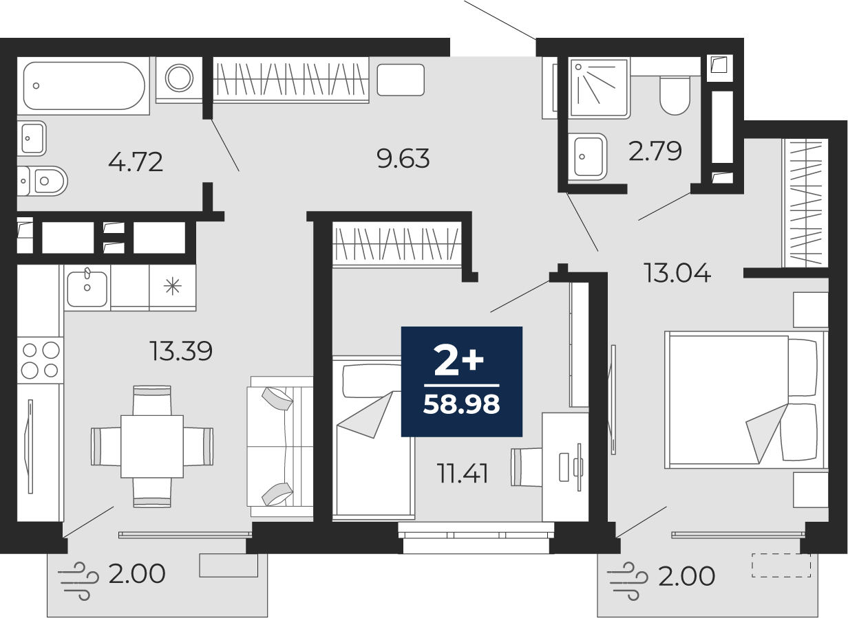 Квартира № 189, 2-комнатная, 58.98 кв. м, 2 этаж