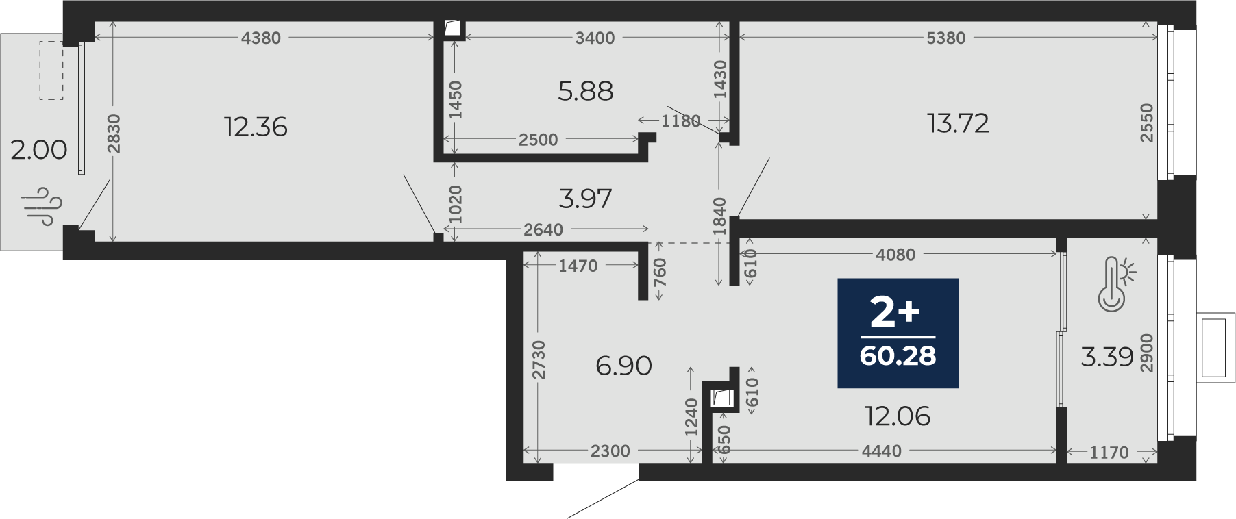 Квартира № 609, 2-комнатная, 58.88 кв. м, 2 этаж