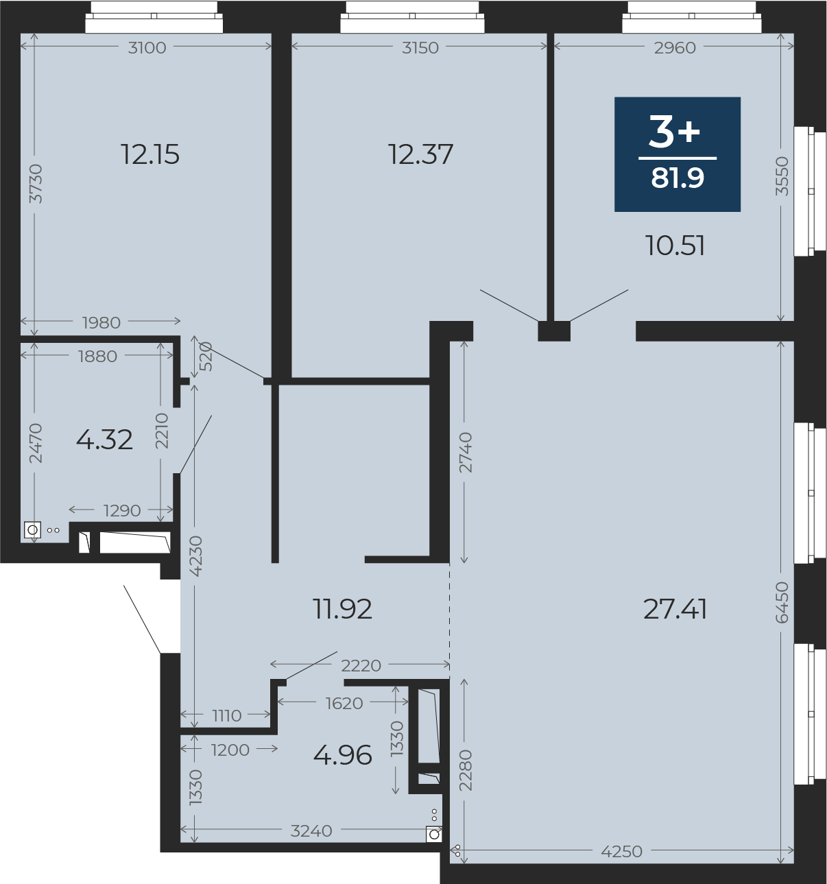 Квартира № 231, 3-комнатная, 83.64 кв. м, 18 этаж