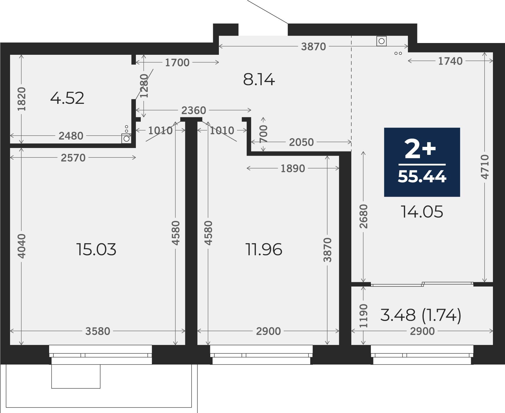 Квартира № 127, 2-комнатная, 55.44 кв. м, 2 этаж