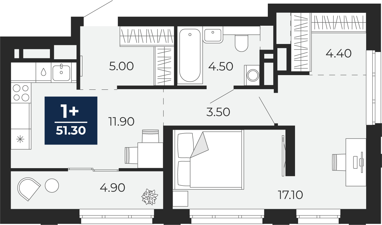 Квартира № 356, 1-комнатная, 51.3 кв. м, 18 этаж