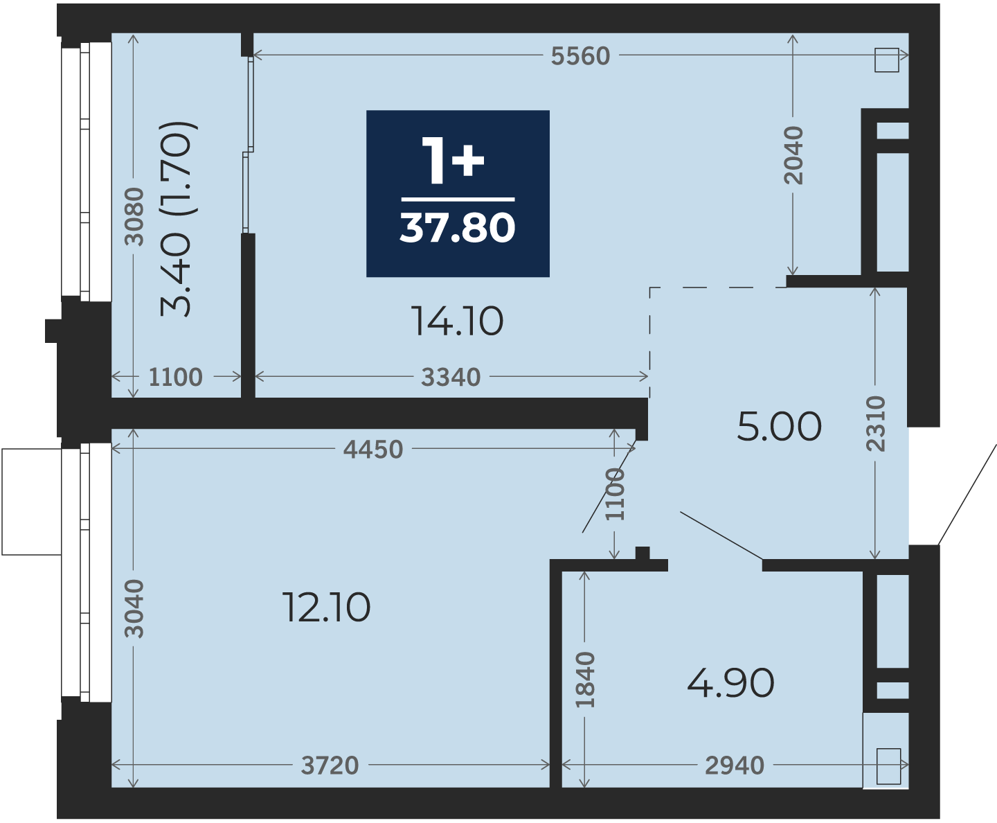 Квартира № 126, 1-комнатная, 37.8 кв. м, 6 этаж