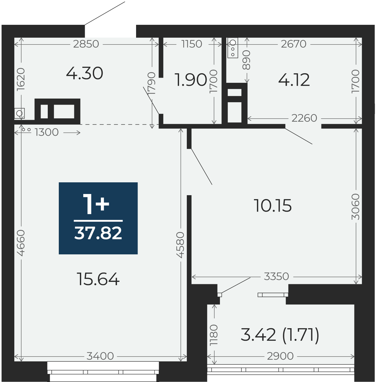 Квартира № 17, 1-комнатная, 37.82 кв. м, 4 этаж