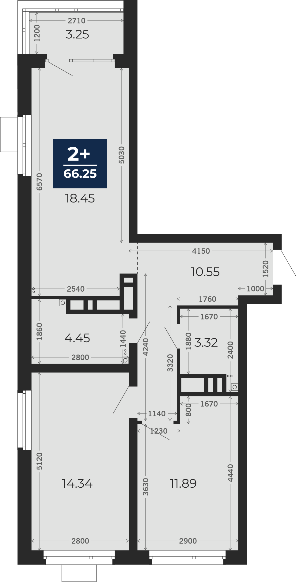 Квартира № 10, 2-комнатная, 66.25 кв. м, 2 этаж