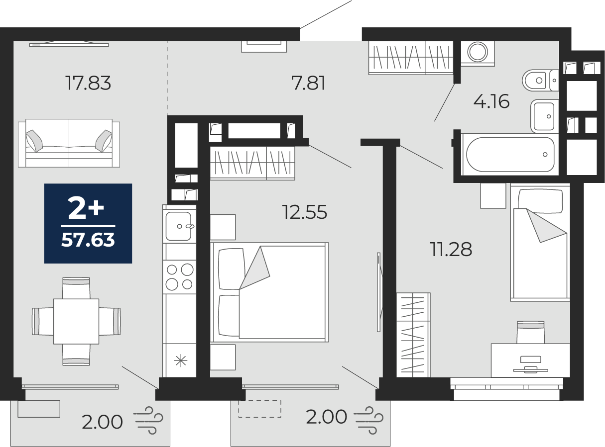 Квартира № 312, 2-комнатная, 57.63 кв. м, 18 этаж