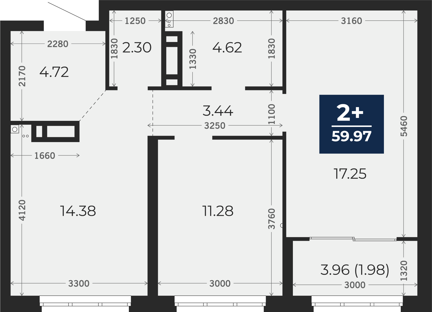 Квартира № 225, 2-комнатная, 59.97 кв. м, 4 этаж