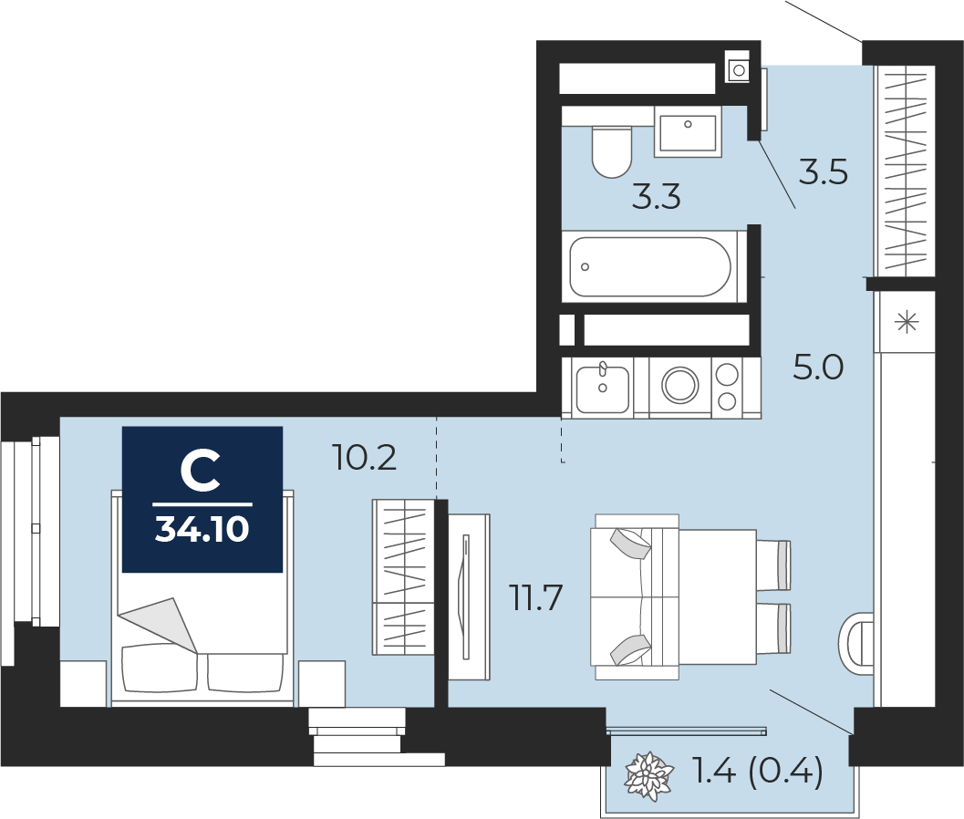 Квартира № 65, Студия, 34.1 кв. м, 13 этаж