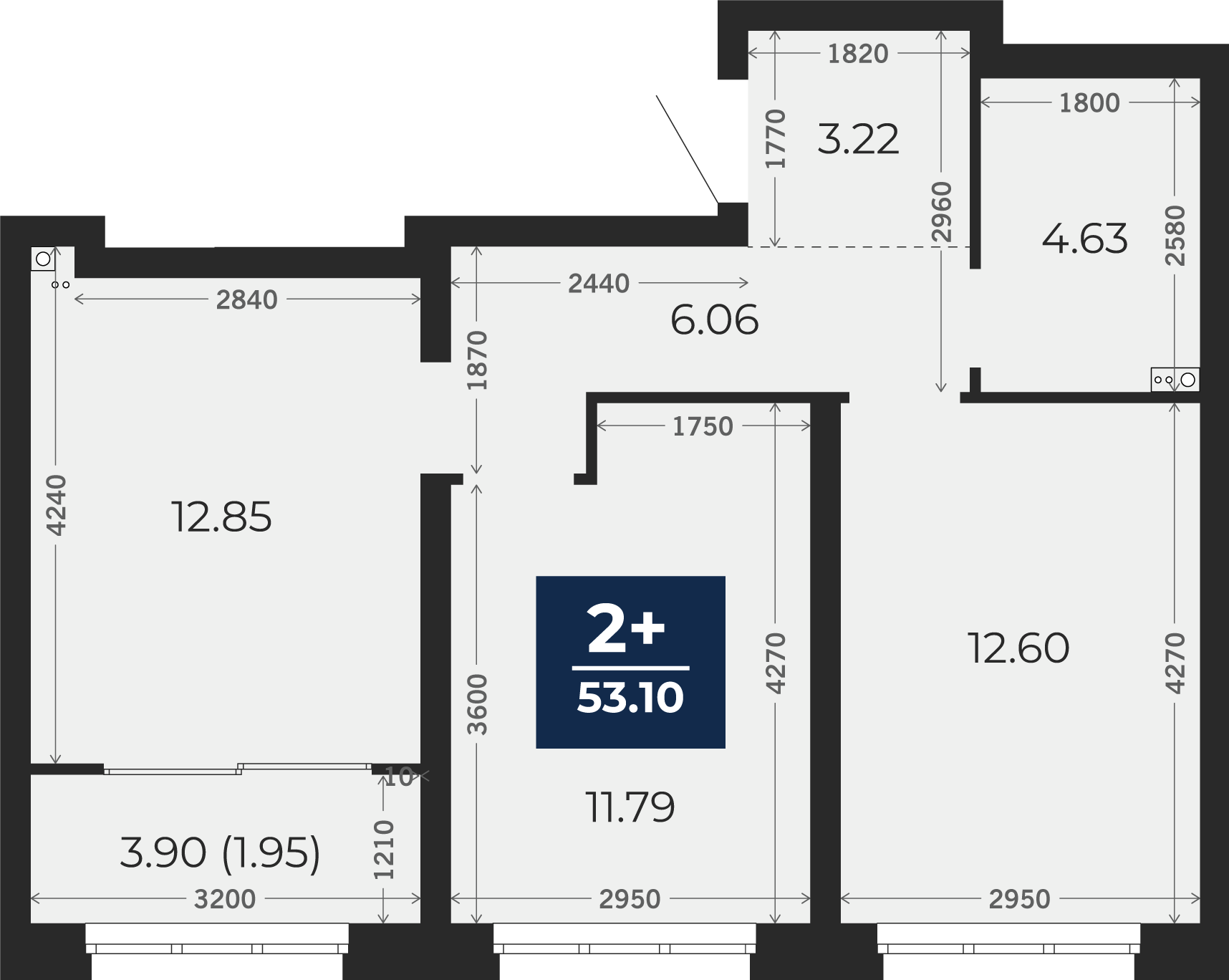 Квартира № 557, 2-комнатная, 53.1 кв. м, 3 этаж